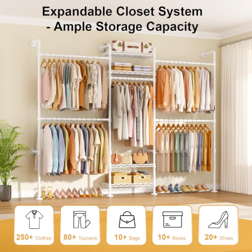 Image of ULIFHOME M7 Wall-Mounted Clothes Rack, Heavy-Duty Garment Closet Rack | Metal Clothing Storage Organizer with Shelves and Expandable Hangers, (66.5-100.7) inchL x 11.8 inchD x 86.6 inchH for Hanging, White