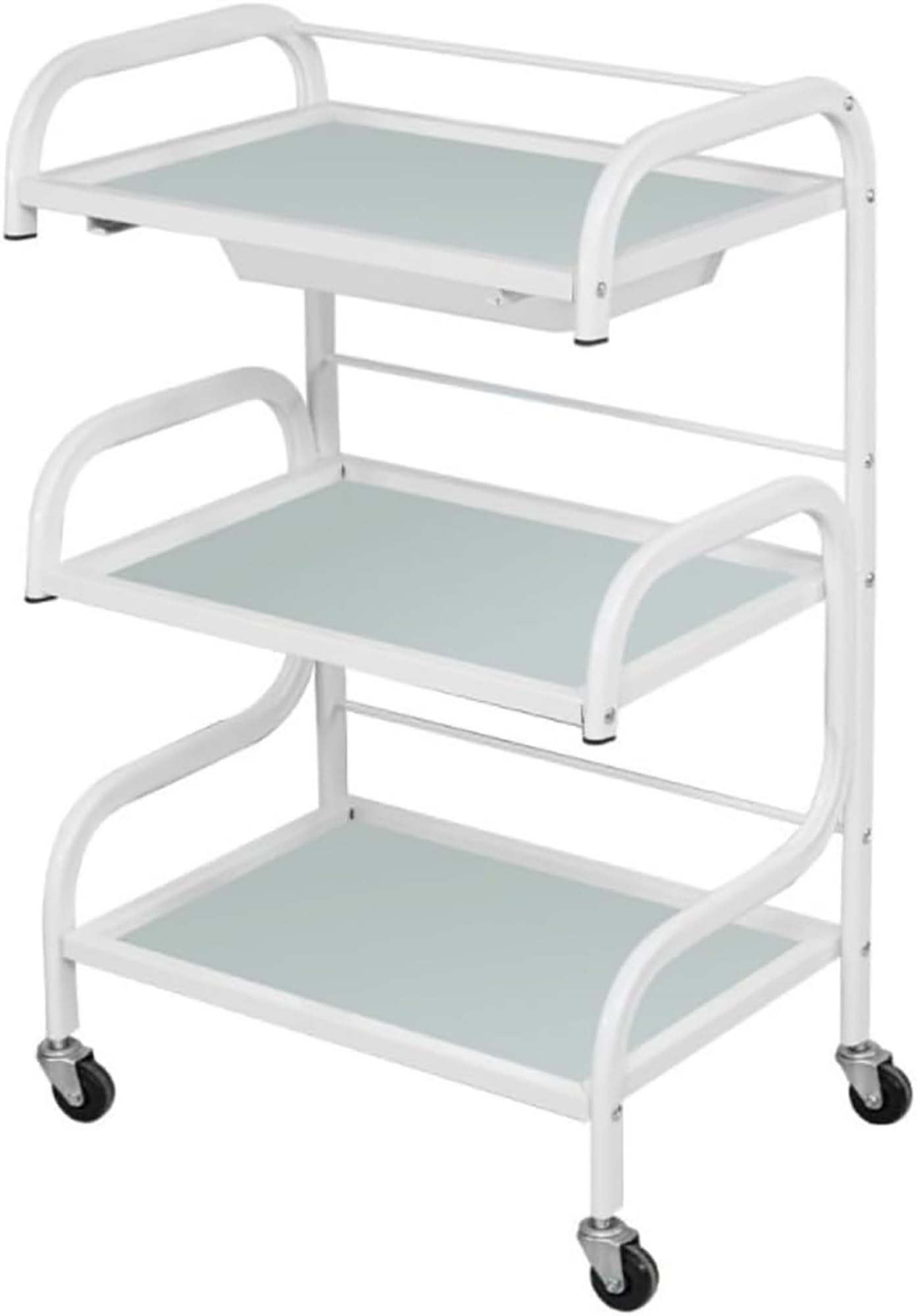 Esthetician Carro con Ruedas, estantes organizadores rodantes de 3 Niveles, Bandeja de Cristal y Estructura metálica, Carrito de peluquería, para SPA, salón de manicura y peluquería