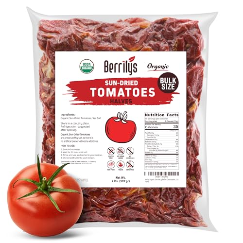 Sun-Dried Tomatoes, 2 LBS, USDA Organic, Berrilys, No Sulfur, No Preservatives, Seasalt is used as natural preservative, Raw, Non-GMO, Great Ingredient for Baking and Cooking