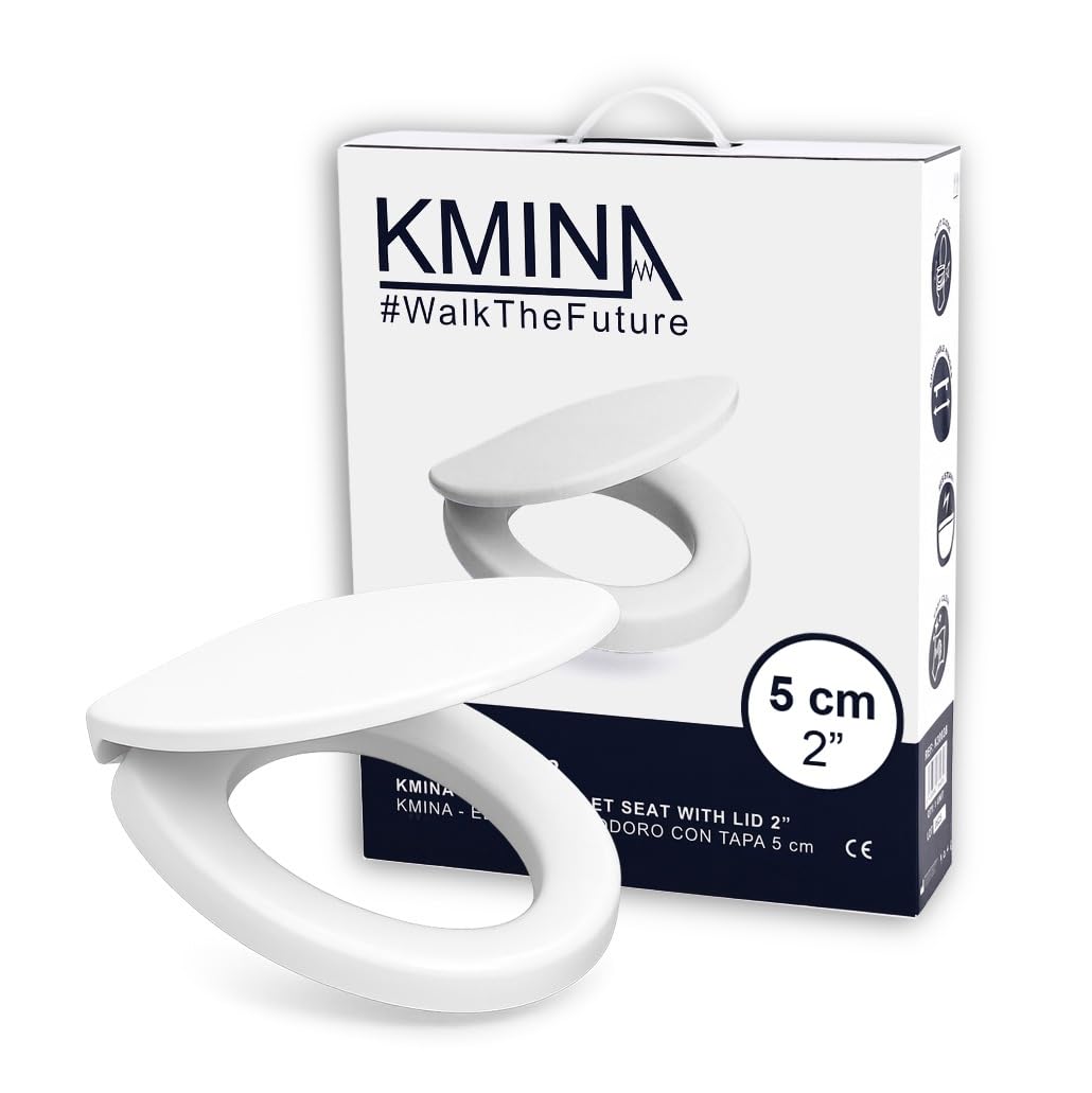 KMINA Rialzo WC per Anziani (Altezza 5 cm) con Copriwater a Chiusura Ammortizzata, Materiale Duroplast, Compatibile con WC Standard, Bianco