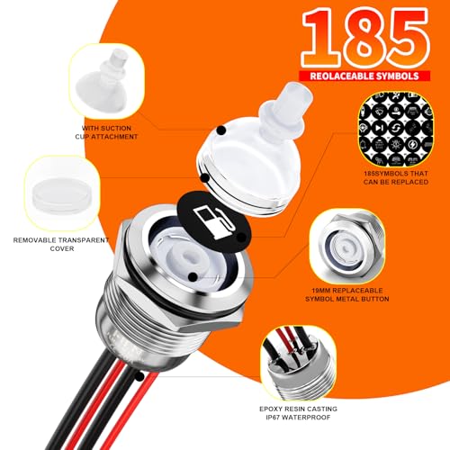 Image of 2PCS 19mm LED Momentary Push Button Switch 12V 24V IP67 Red | Stainless Steel 20A with 185 Symbols Marine Boat, Engine Start, Horn, Momentary Control