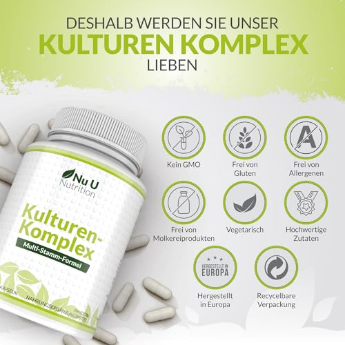 Kulturen Komplex Probiotika Darmsanierung - 180 Kapseln - 6 Monate Vorrat - Hochdosierte BacterienKulturen mit Lactobacillus Acidophilus & Bifidobacterium - Nu U Nutrition