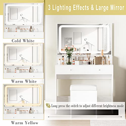 IRONCK Vanity Desk Set with LED Lighted Mirror & Power Outlet, Makeup Vanity Table with 4 Drawers,Storage Bench,for Bedroom, Bathroom, White - Image 6