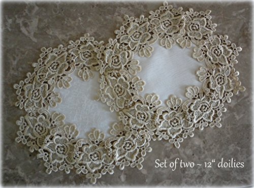 Galleria di Giovanni Soft Gold Rose Lace Set of Two 12" Delicate Doilies White Ivory Scarf3