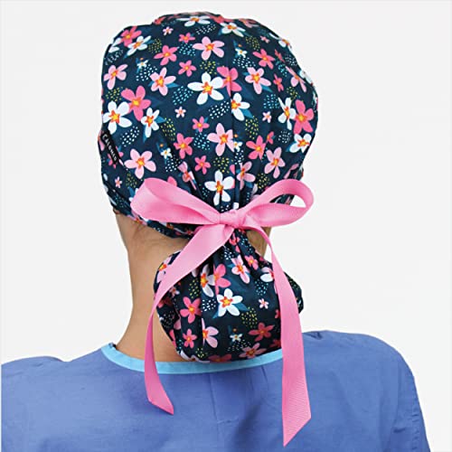 Image of Scrub Cap for Women and Men, Ponytail Scrub Caps, Working Hat, Head Cover with Ribbon Ties and Buttons, Long Hair