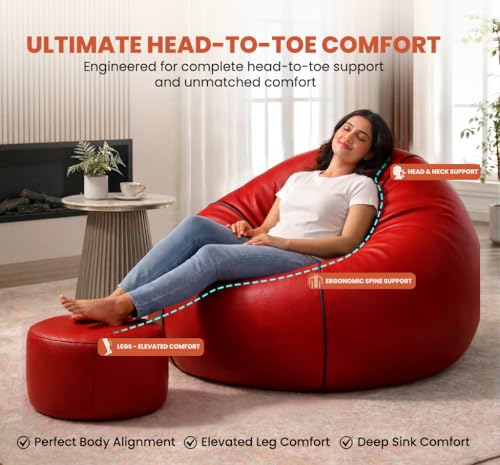 Image of Sattva Piping 5XL Sofa Style Bean Bag Chair with Beans Filled, Faux Leather Bin Bags Sofa Combo + Footstool & Cushion, Beanbags for Adults & Teens, Beans Bag with Beans - Red with Black Piping