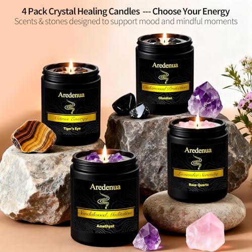 Image of Scented Candles Set, 4 Pack Crystal Healing Candles with Rose Quartz Amethyst Tiger Eye Obsidian, 7oz Natural Soy Wax Candles, Lavender Citrus Sandalwood Cedar, Meditation Gifts for Women Men