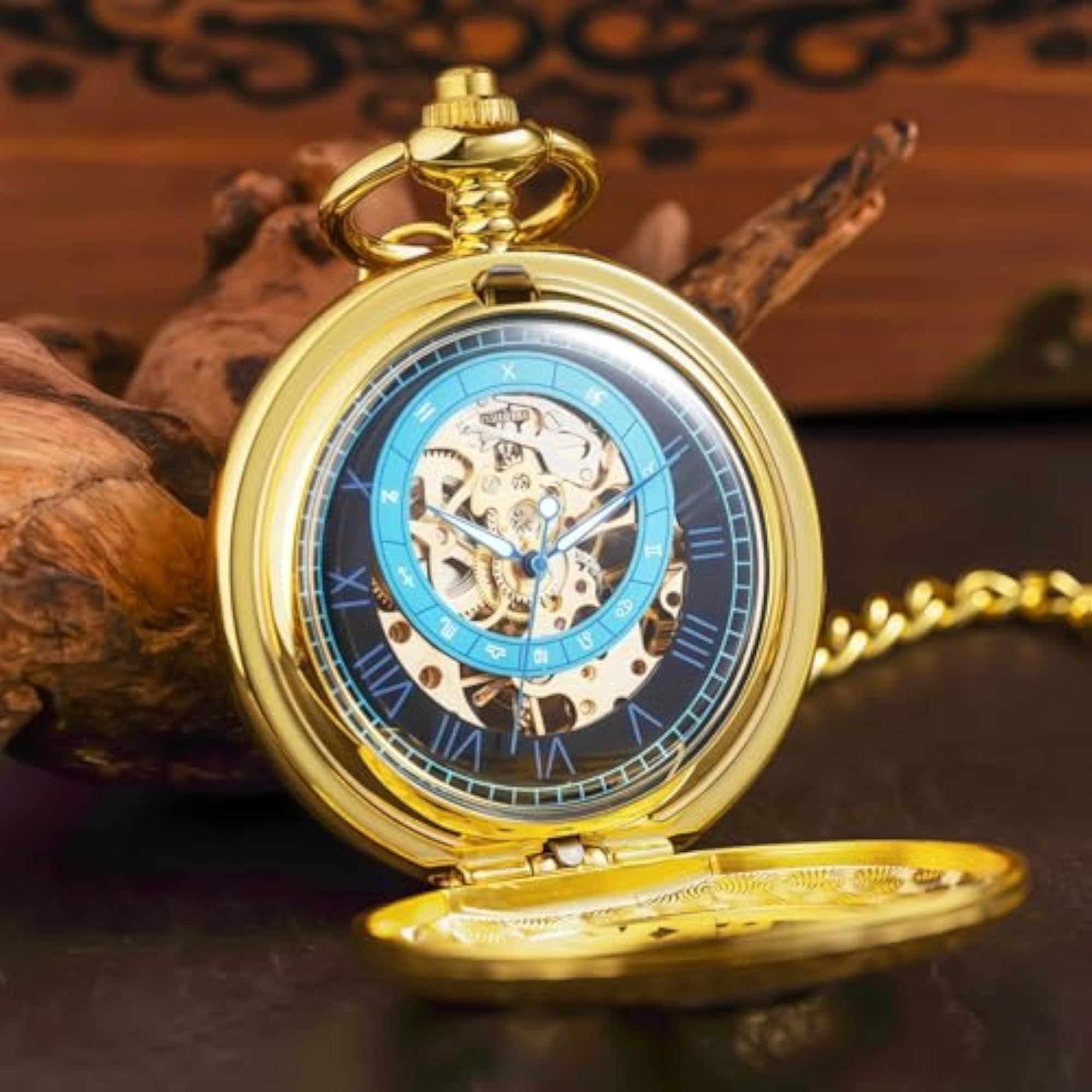 Men's Black Gold Skeleton Pocket Watch with Chain, Punk Style
