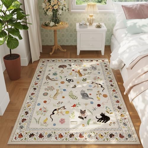 Bedroom Rug 3x5 Rug Washable Area Rug Non Slip Low Pile Boho Floral Animal Cat Small Carpet for Bedroom Bedside Kitchen Entryway Kids Room Office College Dorm Essentials for Girls, Beige