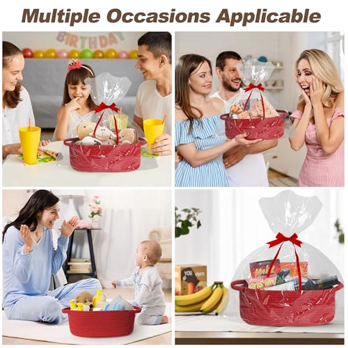 Image of Small Baskets for Gifts Empty, 13 inchx 9 inchx 5 inch Woven Gift Basket with Bag and Ribbon, Cotton Rope Kids Dog Cat Toy Bin Box, Cute Baby Nursery Organizer, Decorative Storage with Handles, Red