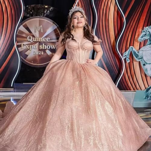 Tulle Quinceanera Dresses Off Shoulder Ball Gown with Bow Sparkly Sweet 16 Dress4