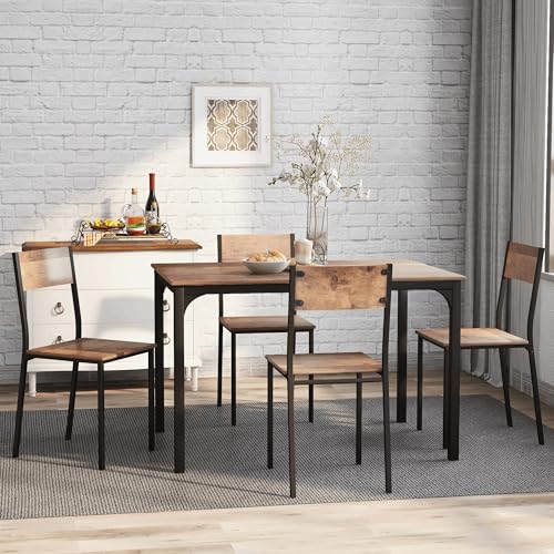 QXJVA Juego de mesa de cocina de MDF grueso y acero, 108 x 65 x 75 cm, color marrón vintage para tu balcón, cocina y salón comedor (mesa con 4 sillas)