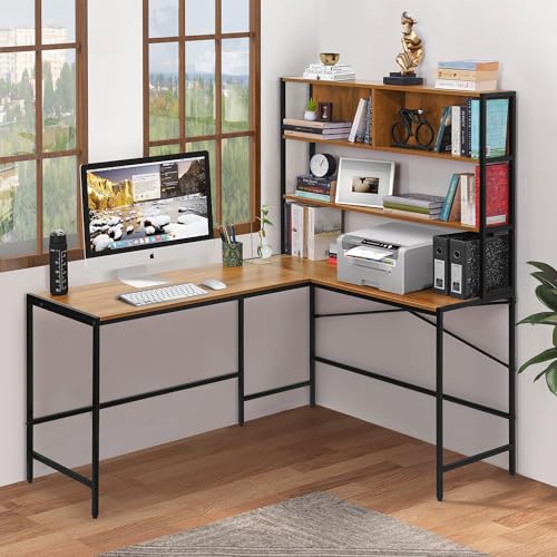 Image of ABOUT SPACE 3 Tier Computer Table with Unique L-Shaped Modern Desktop for Pc, Laptop, Study & Writing Open Bookshelf with Tower Storage Display Shelf [Teak - L 151.7 x B 113.5 x H 157 cm]