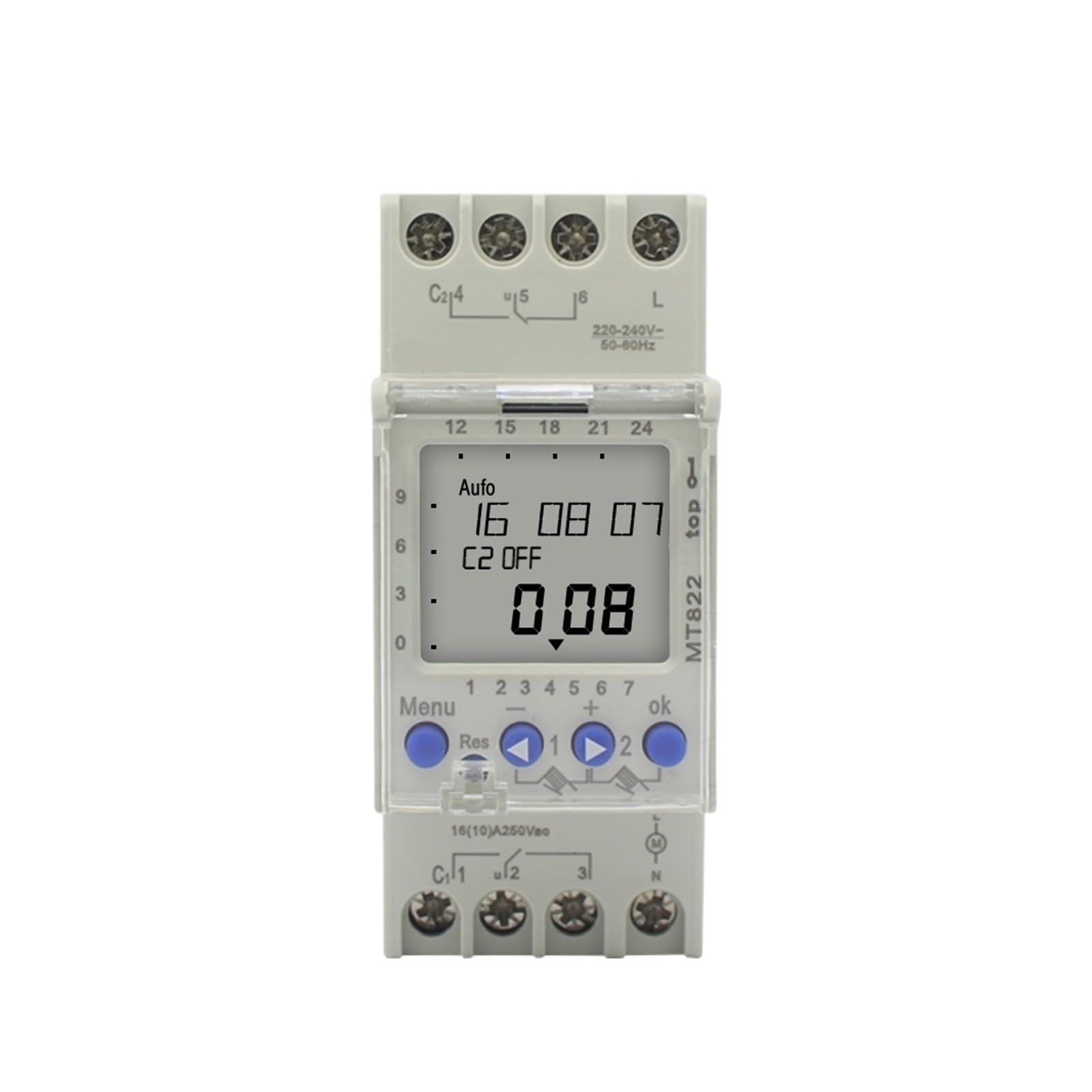 250VAC MT822 2 Canales con Pantalla LCD Interruptor de Temporizador Digital Multifuncional de Ciclo de 7 días