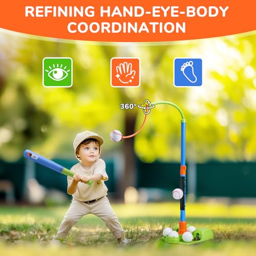 JoyCat 3-in-1 T Ball Set for Kids 3-5,Toddler Baseball Set-T Ball Stand,Hanging Tee,Auto Launcher,6 Balls-Adjustable Height Sports&Outdoor/Indoor Toys for 3 4 5 6 7 8 Year Old Boy Girl Birthday Gift