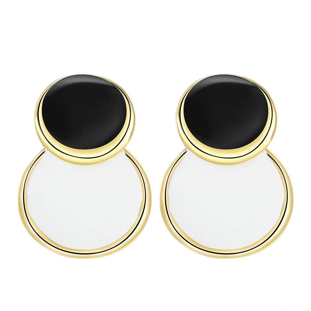 VIENNOISRound Curved Dangle Earrings for Women and Girls Gold Fashion Matte Paint Discs Drop Statement Jewelry Gift (Black+White,Enamel)