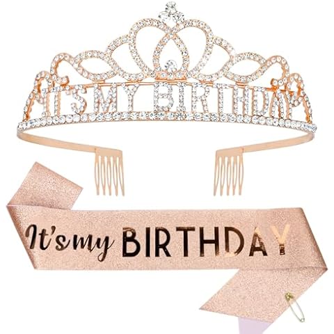 CAVETEE Birthday Crowns for Women Its My Birthday Sash and Crown for Women Birthday Crown Adult Woman Set Birthday Decorations for Party Birthday Gifts (Rose Gold) Cover