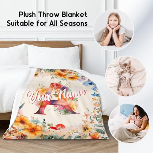 Custom Blanket with Name, Flower Initial Throws Gift for Kids, Soft Anniversary Birthday Gifts for Her, Cozy Flannel Throw Blankets for Couch Office, 30x40 Inches