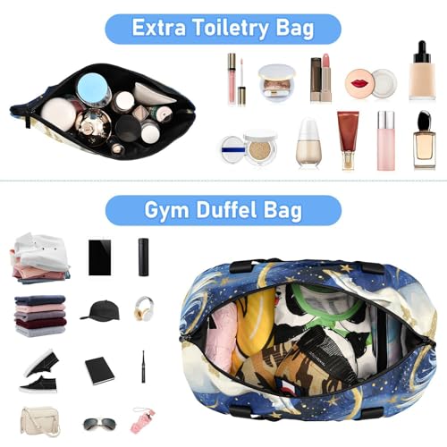 Cartoon Cute Blue and Gold unicorns Overnight Travel Duffel Bag Weekender Overnight Bag with Adjustable Strap for Business Trips 2 Pcs Set4