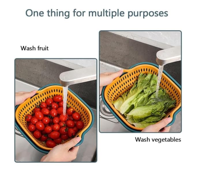 Image of 6-Piece Nesting Colander Basket Set - Space-Saving Square Plastic Strainers for Kitchen Use - Multi-Size Drain Baskets for Washing Fruits, Vegetables, Pasta - BPA-Free (Blue & Yellow)