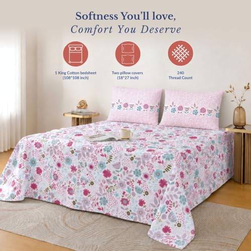 Image of Jaipur Weaves Cotton King Size Bedsheet 108x108 Super King, 100% Pure Cotton Bed Sheet with 2 Pillow Covers, 240 TC Soft Breathable Floral Design Bedding - (Pink Harmony, Super King)