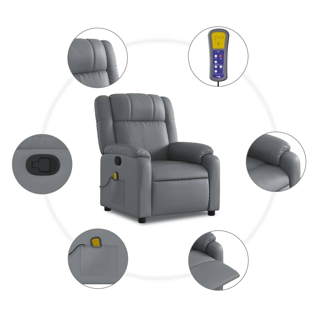 Sillón de masaje de relax de piel sintética gris con masaje de vibración de 6 puntos, función reclinable manual hasta 135 grados, reposabrazos anchos, bolsillo lateral, marco de madera y