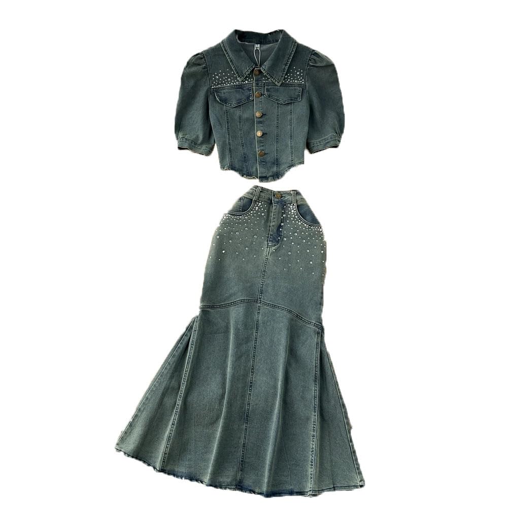Women Sequined Denim Two Piece Sets Womens Turn Down Collar Short Sleeve Female Tops High Waist Turmpet Skirts