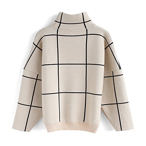 CHICWISH Women's Comfy Casual Long Sleeve Cream Grid Turtleneck Knit Top Pullover Sweater - Image 4