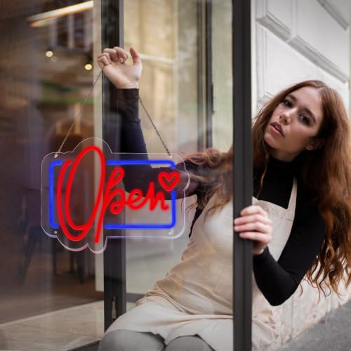 Image of Open Neon Sign, Neon Signs Lights for Wall Decor Store, Perfect Gifts for business owners, Dimmable Neon Light 13.3 * 10.3 in (Red and Blue)