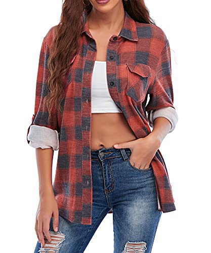 Oyamiki Womens Casual Cuffed Long Sleeve Boyfriend Button Down Plaid Flannel Shirt Tops3
