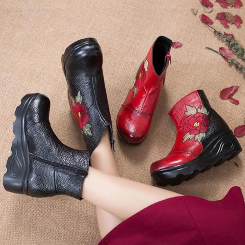 Women's Genuine Leather Embroidery Flowers Platform Ankle Boots with Side Zipper Comfy Memory Foam Insole Soft Sole Anti-slip National Style Booties Outdoor Short Boots 5