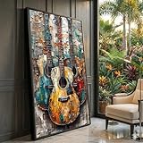XINBAO Quadro su tela con chitarre vintage, dipinto astratto di strumenti musicali, decorazione rustica, opera d