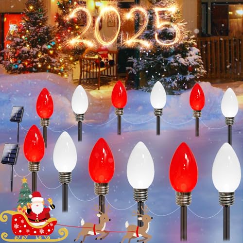 Jumbo C9 Christmas Decorations Outdoor Waterproof, 12 Pack Red And White Solar Christmas Lights Outdoor With Pathway Stakes, Solar Powered Lights For Outside Yard Lawns Garden Christmas Decorations by BHCLIGHT - Used condition - US$17.35