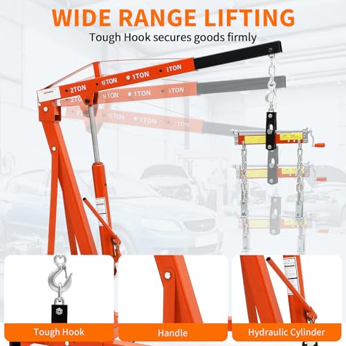 Image of GarveeTech 2-Ton Folding Engine Hoist Cherry Picker 4400 Lb Capacity Hydraulic Shop Crane with Telescoping Boom 6 Caster Wheels for Automotive Repair Garage Use Includes Hitch and Storage Red