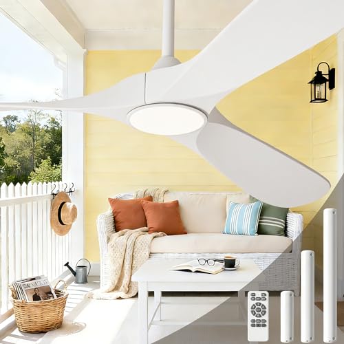 Image of White Ceiling Fan with Light and Remote 52 Inch, Wood Outdoor Ceiling Fans with Lights 3 Blade Propeller High CFM Wet Rated Modern Fan for Indoor Living Room Patios Gazebo Bedroom