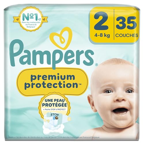 Pampers Premium Protection Taille 2, 35 Couches, 4kg-8kg, Double Protection Pour La Peau Et Contre Les Fuites