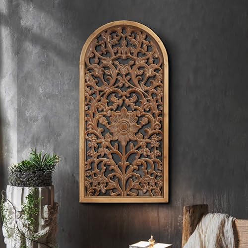 WREVERW Rustic Boho Arched Wood Wall Art Hand-Carved Floral Panel