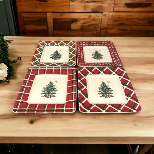 Spode Christmas Tree Tartan Canape Plates (Set of 4) - Festive Holiday Serving Dishes