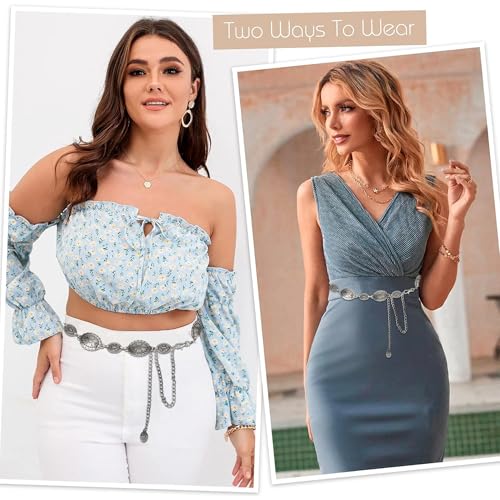 Women Metal Oval Western-Cowgirl-Belt Waist-Link - Rhinestone-Waist-Chain Silver Diamond-Country-Belts for Dresses Jeans3