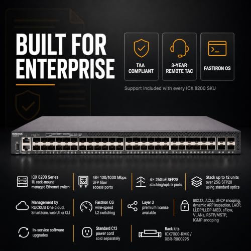 Image of Ruckus ICX8200-48F Managed Switch, 48x 100 /1000 Mbps SFP Fiber, 4x 25GbE SFP28 Uplinks - Stackable Enterprise Switch, 3-Yr Remote TAC Included, TAA Compliant