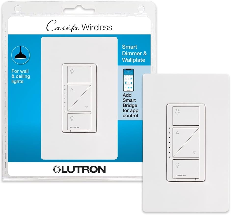 Caseta Original Smart Dimmer Switch With Wallplate (Lutron Smart Hub Required), for LED Lights, 150 Watt, Single-Pole/3-Way, No Neutral Required, PDW-6WCL-WH-A, White