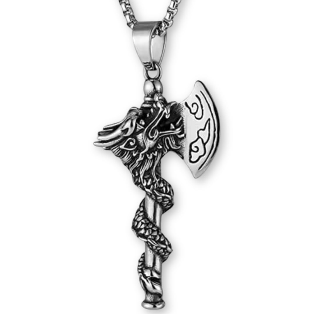 Collier dragon hache - Pendentif 5,5x3 cm - Chaîne 55 cm - Style fantastique oriental mythologique