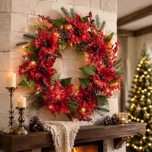 Christmas Wreath with Lights 15.7 Inch Real Touch Red Poinsettia Wreath - image 1