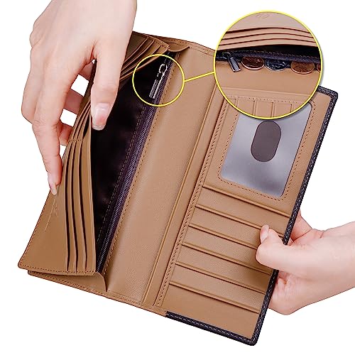 VISOUL Leather Long Checkbook Bi-fold Wallets with Zipper Pocket for Men and Women, RFID Blocking Tall Billfold Secretary Cash Wallet (Black and Brown)3