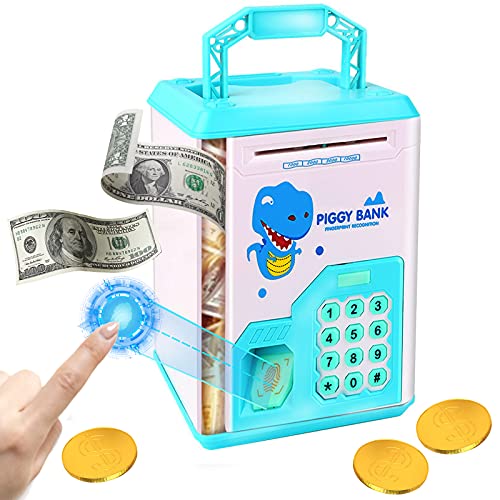 Elvasen Piggy Bank for Kids,ATM Saving Bank Creative Fingerprint Password Electronic Piggy Bank Cartoon ATM Cash Coin Money Bank USB Charge Birthday Gift Toy for Children (Tyrannosaurus Rex 1)