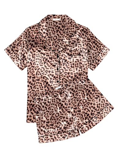Image of Ekouaer Womens Silk Satin Pajama Sets Soft Short Sleeve Button Down Sleepwear Top and Shorts 2 Piece Pjs Lounge Set