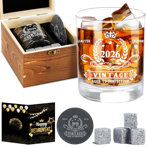 2026 Retirement Gifts for Men,2026 The Legend Has Retired-Whiskey Glass Set in Gift Box,Happy Retirement Presents for Him,Dad,Friends- Happy Retire Anniversary Card&Wood Box& Coaster&Whiskey Stones