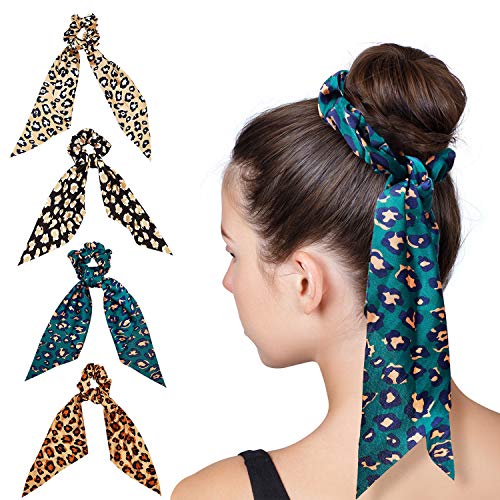 4 PCS Leopard Hair Scarf Scrunchies, Silk Satin Cheetah Print Hair Ties with Long Bow Vintage 2 in 1 Scrunchy Cute Ponytail Holder Rope Accessories for Thick Hair Woman Girl