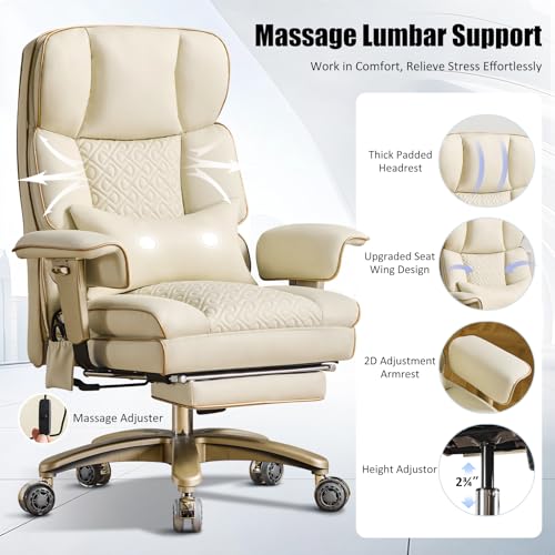 Image of Leather Office Chair with Footrest, High-Back Executive Office Chair with Adjustable Lumbar Support, Luxury Desk Chair with Silent Wheels Rocking 360 Swivel, Height Adjustment,Beige