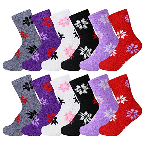 Women's Christmas Snowflakes Fuzzy Plush Soft Slipper Socks, Fluffy Warm Winter Xmas Cozy Socks  Womens Size 9-11, 12 Pairs